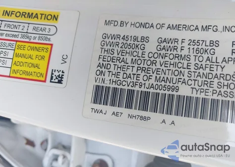 2018 Honda Accord Hybrid Touring из США, поврежденный, VIN 1HGCV3F91JA005999